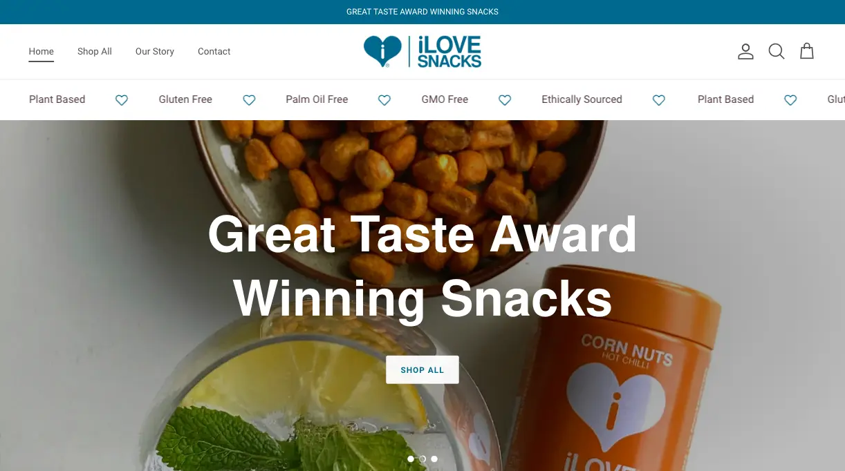 Screenshot of the homepage hero section from I Love Snacks website